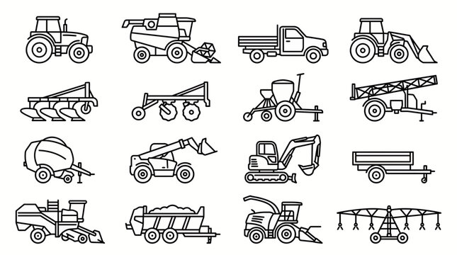 A comprehensive collection of outline icons featuring essential agricultural and farming machinery vehicles and equipment, illustrating modern farm operations and sustainable agriculture development