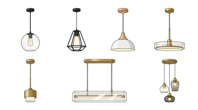 Collection of diverse modern pendant ceiling light fixtures featuring metallic finishes and glass elements illustrated in a flat graphic style suitable for interior design projects presented here on t