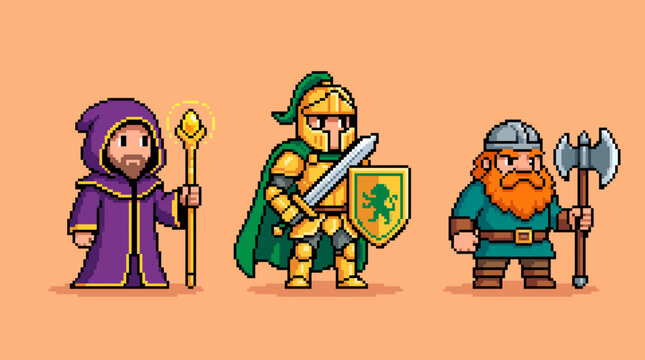 Three pixel art fantasy characters: a wizard, knight with sword and shield and an axe-wielding dwarf, on a simple background, illustrating ideal game design elements and fantasy storytelling