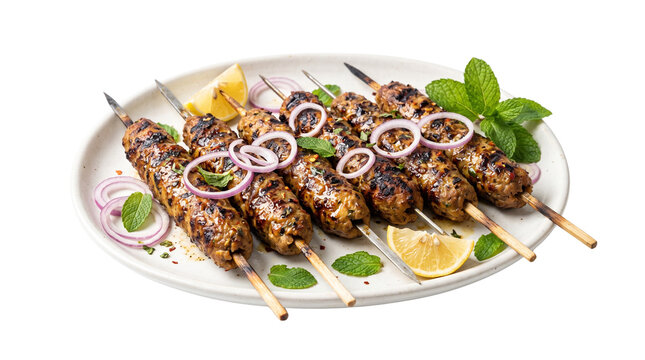Juicy grilled seekh kebabs with smoky texture, garnished with onion rings, lemon wedges, and mint leaves, isolated on transparent background