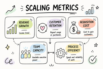 Naklejka premium A diagram illustrates key business metrics like revenue growth, customer retention, acquisition cost, team capacity, and process efficiency.