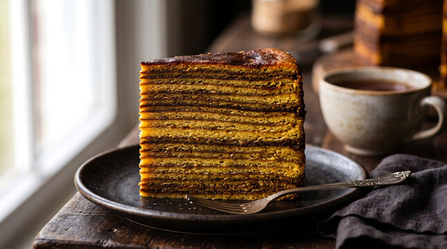 A slice of traditional Indonesian lapis legit layer cake served on a black plate with tea
