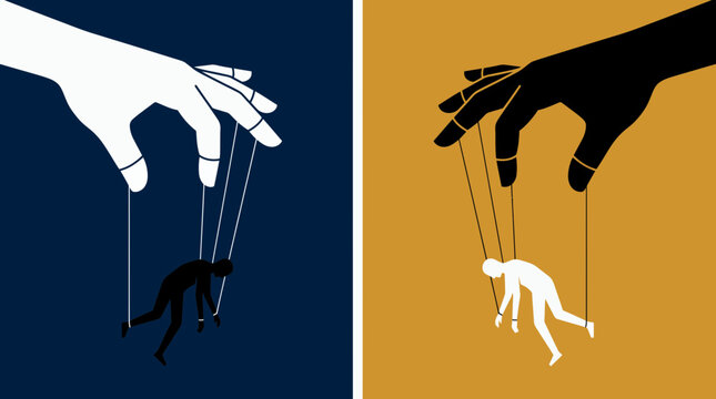 Duotone vector illustration of contrasting hands as puppeteers controlling human figures with strings, Symbolizing power dynamics and expressing a lack of freedom or autonomy
