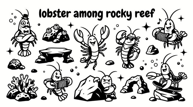 large lobster resting beneath rocky coral formations surrounded by reef fish marine algae shells and clear coastal waters creating a rich underwater marine habitat for commercial vector