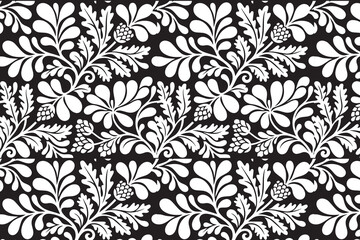 Fototapeta premium Seamless Floral Damask Pattern Black and White Leaves Wallpaper Art
