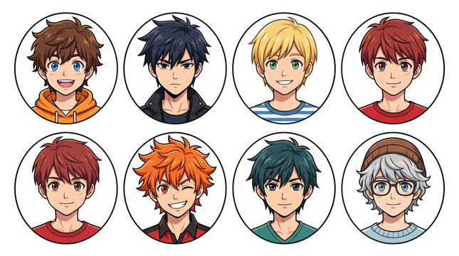 Diverse collection of stylish anime boy avatars featuring various hair colors and expressions arranged in circular frames for social media profile pictures created with high quality digital art on tra