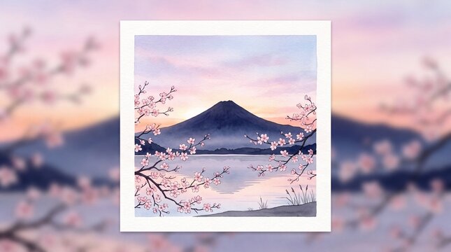 Mount Fuji and Cherry Blossom Silhouette