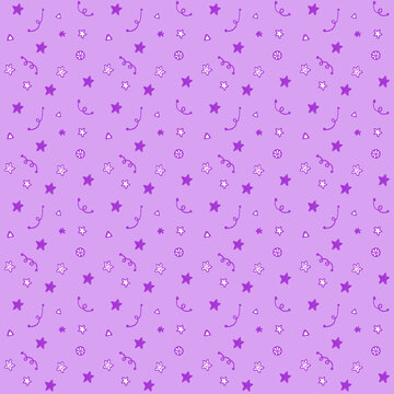Cute purple seamless pattern with hand-drawn violet stars and streamers on light lavender background, featuring occasional white filled stars