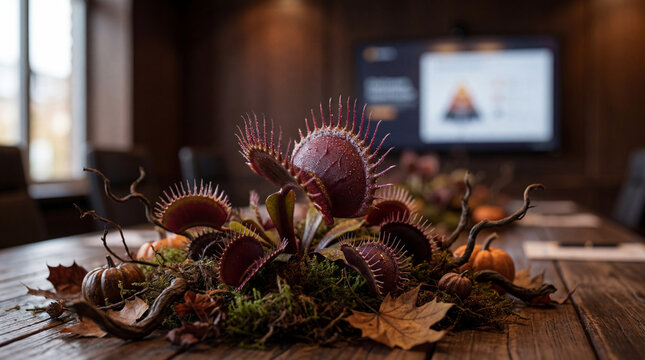 Venus flytrap on a wooden table in a conference room