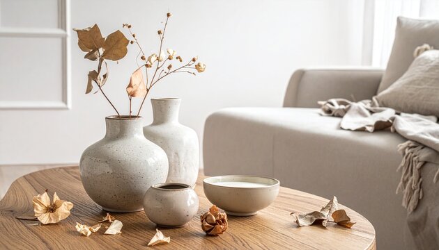 Cozy living room with autumn decor and neutral sofa.