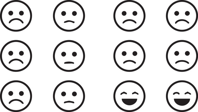 Minimalist Negative Feedback Sad Face Icon Set, Outline Customer Dissatisfaction Frowning Emoji Vector Illustration Sheet