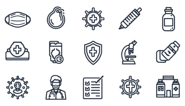 vector line icon set of pandemic prevention and virus protection, including face mask,
