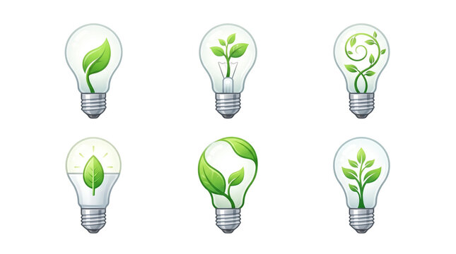 Six unique light bulb icons featuring vibrant green leaves growing inside the glass filaments to represent sustainable energy and eco friendly innovation displayed as a set of flat graphics on transpa