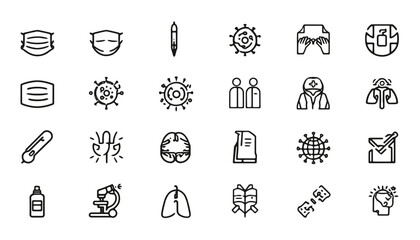 Fototapeta premium vector line icon set of pandemic prevention and virus protection, including face mask,
