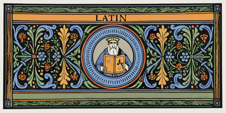 medieval illuminated manuscript banner with ornate frame