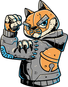 cyborg cat hand drawn mascot, robot cat sticker design