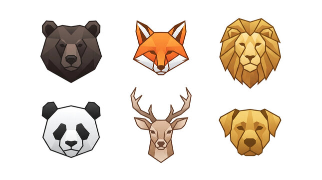 Set of six colorful low poly animal head vector illustrations depicting a bear a fox a lion a panda a deer and a dog arranged neatly together on transparent background