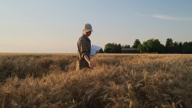 A young farmer woman in a cap and a plaid shirt stands in a field where ripe rye grows. She looks at her good harvest and smiles. The theme of the autumn harvest.