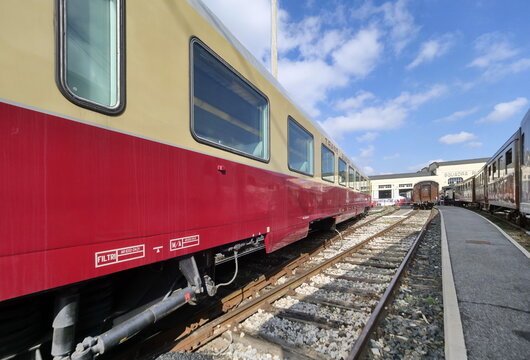Historic vagons in Lambrate depot railway in Milan, Lombardy, Italy