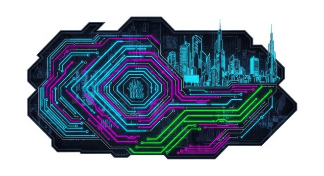 Vibrant abstract circuit board design with neon blue and green lights