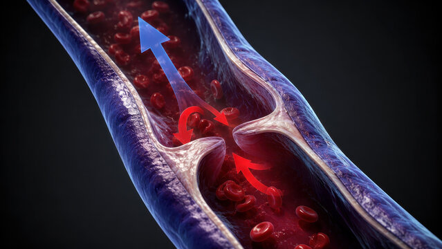 Medical 3d illustration of human vein valve dysfunction showing blood backflow and regurgitation through a narrowed vessel wall for cardiovascular research