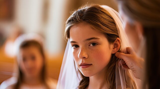 Mother Adjusting Daughter's Veil Before First Holy Communion in Catholic Church, Joyful Family Moment