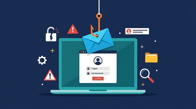 Digital phishing attack concept illustration showing a hook catching an email over a laptop login window for cybersecurity awareness and data protection.