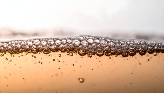 Golden sparkling wine champagne bubbles macro background. Close up of fizzy carbonated beverage with foamy bubbles rising in liquid