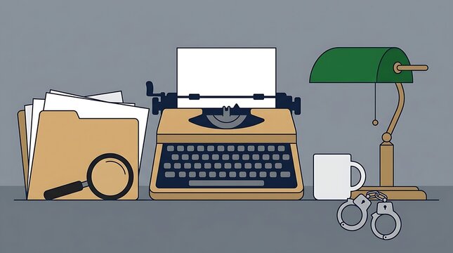 Professional flat illustration of a vintage detective desk featuring a typewriter, magnifying glass, evidence folders, and handcuffs for crime noir concepts.