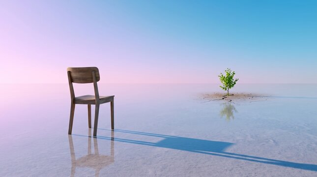 A solitary wooden chair facing a small growing tree in a vast surreal desert landscape