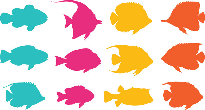 Colorful Tropical Fish Silhouette Collection Featuring Freshwater Aquarium Ornamental Fish in Minimal Flat Vector Illustration Set for Marine and Aquatic Design