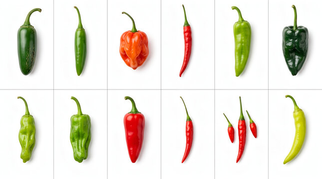 Jalapeno Serrano Habanero Cayenne Anaheim Poblano Shishito Padron Fresno Thai Bird Eye Banana Pepper Chili Collection Isolated On White Background