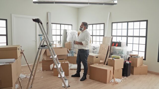 Man holding coffee cup standing among stacked moving boxes, packing peanuts and ladder in a bright studio; contemplative.