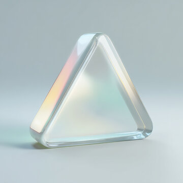 Clear iridescent glass triangle with rounded corners and colorful reflections 3D rendered