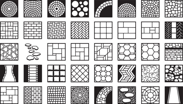 Set of paving patterns and stone walkway textures for architectural landscape design in flat vector style