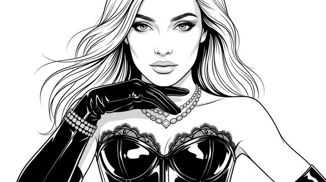 Black and White Ink Illustration of Couture Beauty in Glossy Latex Corset and Opera Gloves &ndash; Noir Fashion Magazine Portrait