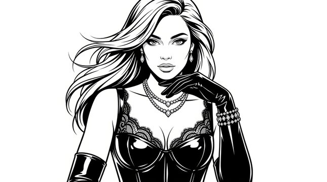 Black and White Ink Illustration of Couture Beauty in Glossy Latex Corset and Opera Gloves &ndash; Noir Fashion Magazine Portrait