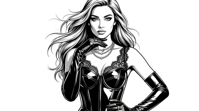 Black and White Ink Illustration of Couture Beauty in Glossy Latex Corset and Opera Gloves &ndash; Noir Fashion Magazine Portrait
