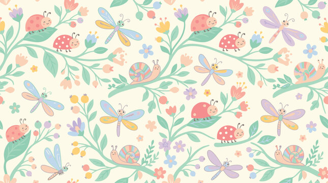 Cute bugs and insects seamless vector pattern illustration featuring ladybugs dragonflies and snails background