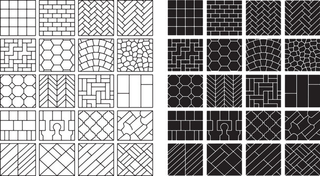 Set of paving stone patterns and floor tile textures in black and white vector illustration style