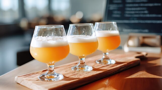 Three craft beers are served in stemmed glasses on a wooden tasting board. The golden drinks feature frothy heads, perfect for a relaxing brewery experience.