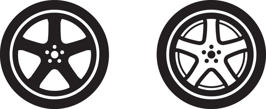 Vector Illustration Vehicle tire rim collection black silhouette icons set car transport parts isolated on transparent background illustration.