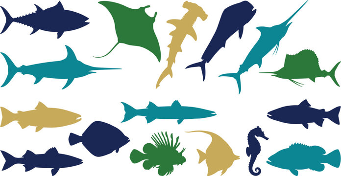Marine Fish Silhouette Collection Featuring Marlin Tuna Manta Ray Sailfish Seahorse Angelfish Lionfish and Ocean Wildlife Vector Illustration Set