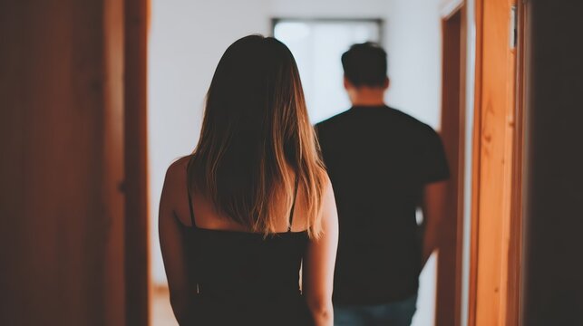 A woman walks away from a man in a softly lit hallway, illustrating a dramatic moment of emotional separation. Cinematic backlighting highlights the scene&rsquo;s tension and storytelling depth.