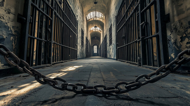 A deserted prison passage with wide iron doorways and chains resting on the flooring.