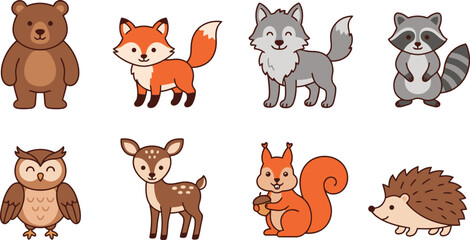 Fototapeta premium Cute woodland animals flat vector illustration pack containing bear fox wolf raccoon owl deer squirrel hedgehog