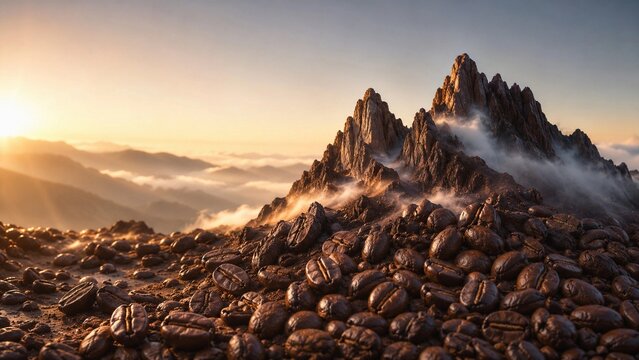 Roasted coffee beans transforming into mountain peaks, morning mist, sunrise lighting, food and travel crossover concept, texture, landscape
