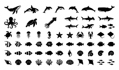 Marine Life Icons Monochrome Vector Set © Razu