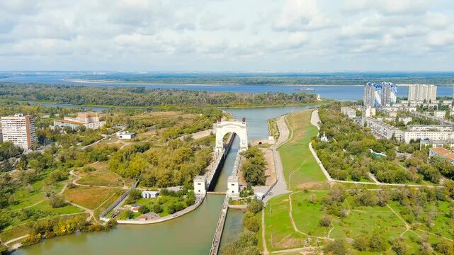 Volgograd, Russia. Krasnoarmeisky district. Volga-Don Canal. Drone footage
