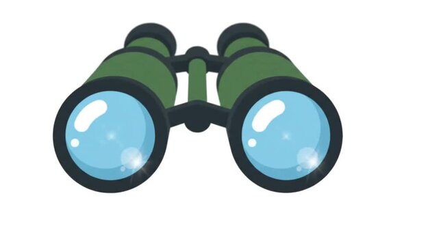 Minimalist flat vector illustration of a pair of green field binoculars. Features realistic light reflections on the blue glass lenses, clear black rubber accents, and subtle shadows. Clean single ico